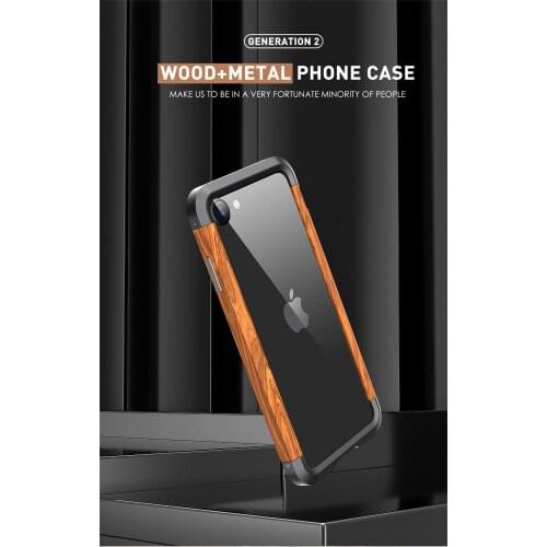 R-JUST Luxury Aluminum Metal Wood Bumper Case for iPhone SE 2020 Slim Natural Wood for iPhone 7/iPhone 8/SE2 Brand Phone Cover