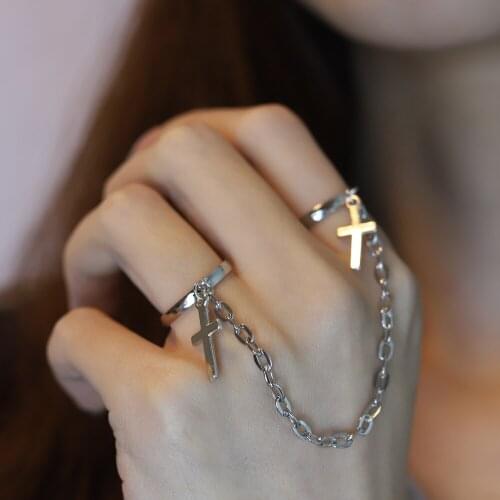 Silver Color Plated Retro Punk Hip-Hop Cross Ring Hand Finger Chain Adjustable Rings Jewelry Gift for Men Women Unisex Ring