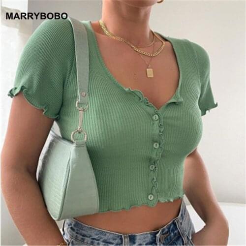 Vintage Ribbed Ruffle Tee Shirts Sexy V Neck Short Sleeve T Shirt 2020 Summer Casual Solid Button Crop Tops