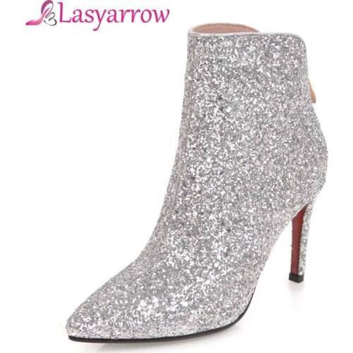 Lasyarrow Bling Bling Glitter Boots High Heels Pointed Toe Ankle Boots For Women Zipper Botas Femininas Black Red Wedding Shoes