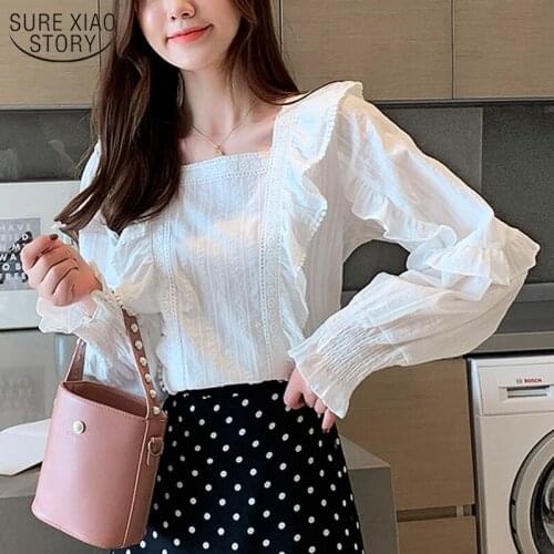 Ruffles Slim Overalls for Women Autumn New Korean Flare Long Sleeve Square Collar Loose White Shirt Vintage Ropa De Mujer 10695