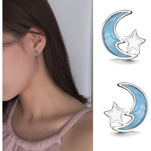 925 Sterling Silver Blue Star Moon Stud Earrings For Women Wedding Gift Female pendientes mujer moda aretes de mujer eh826