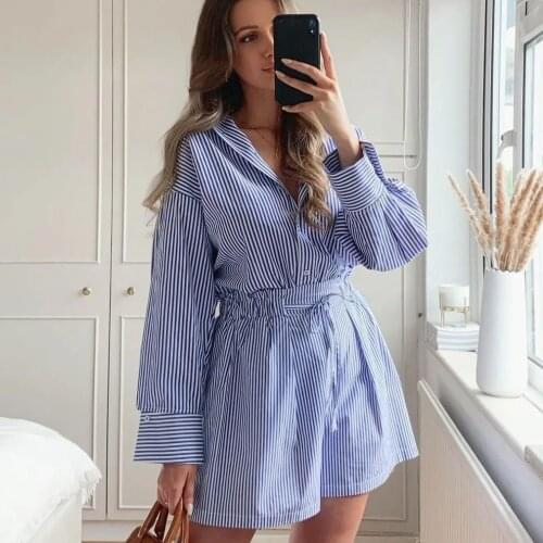 JUNWU Summer Womens Blue Vertical Stripes Lapel Single Row Library Loose Top Shrink Waist Loose Shorts Suit Casual British