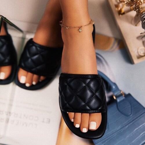 Ins Luxury Celebrities Pu Leather Slippers Women Solid Sewing Plaid Flats Peep Toe Rubber Sole Sexy Beauty Shoes Ladies Female