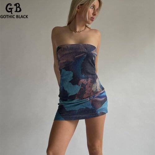 Gothblack Dress Tie Dye Fashion Print Hit Color Slash Neck Strapless Bodycon Dress Summer Women Clothes Sexy Club Streetwear