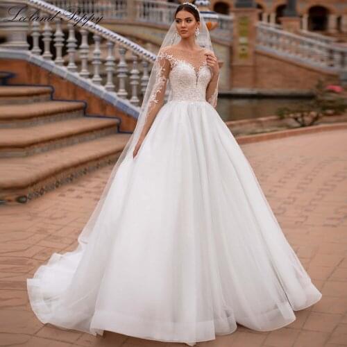 Lceland Poppy A-line Beaded Tulle Wedding Dresses 2020 Elegant Floor Length Long Sleeves Vestido de Novia Bridal Gowns