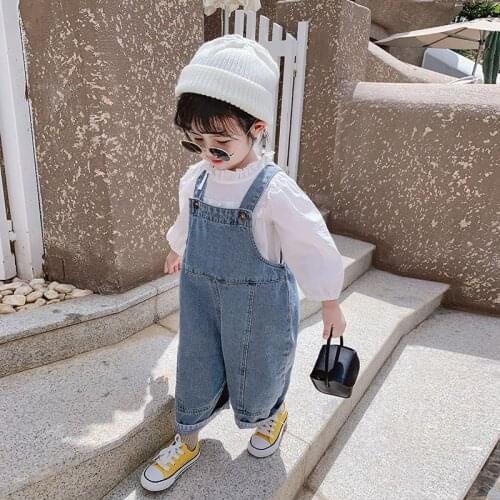 2020 New Children Loose Overalls boys girls casual all-match denim Trousers Autumn Solid Outwear 1-7Y Kids fashion bib pants