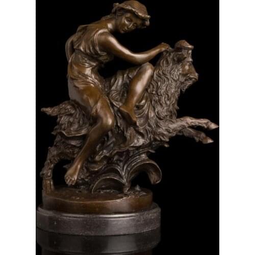 35 CM Western Art Deco Bronze Women Girl Shepherdess Ride Sheep Goat Sculpture