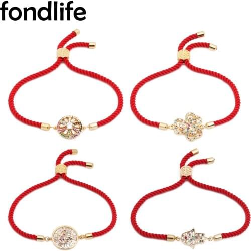AAA Cubic Zirconia Stones Round Circle Flower Hamsa Hand Love Charm Bracelet Women Gold-plated Brass CZ Red Cord Pull Jewelry