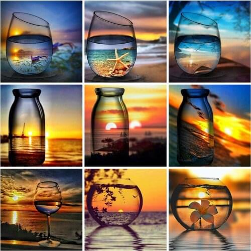 Huacan Diamond Painting With Square Rhinestones Seaside 5D Diamond Mosaic Embroidery Sunset Landscape Needlework Home Decor