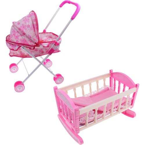 Baby Doll W/ Stroller Pram Buggy and Bed Cradle Girls Toy Foldable Pushchair Kids Toys