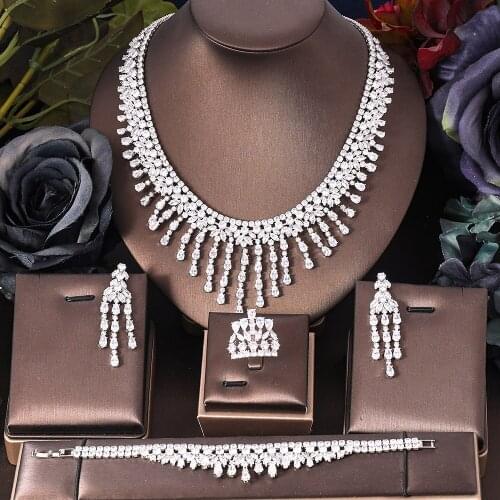 Janekelly 4 pcs Bridal Zirconia Full Jewelry Sets For Women Party, Luxury Dubai Nigeria CZ Crystal Wedding Jewelry Sets