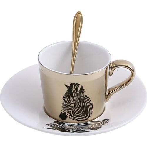 Creative Animal Reflection Ceramic Coffee Cup with Plate and Spoon Electroplated Mirror Cup and Dish Afternoon Cup Set