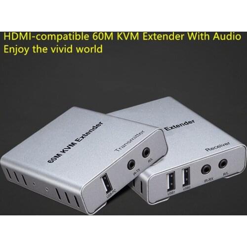 60M KVM Extender with Audio Transmitter Receiver Over Cat5e/Cat6 Cable Support 1080p 60Hz With IR transmitter cable For PC