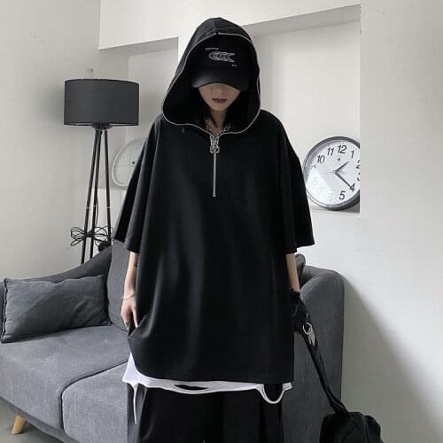 Summer Casual Loose Half Sleeve Hoodie Half Zippered US-Euro Style Hooded T-shirt Men Black Oversized Couples T Shirts