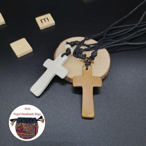 Meetvii Religious Yak Bone Cross Necklaces for Women Men Vintage Pure Handmade Real Bone Pendant Necklaces W/ Nepal Ethnic Bag