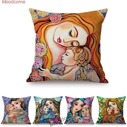 Lovely Cartoon Mother and Son Colorful Painting Cozy Family Baby Mothers Day Decoration Sofa Pillow Case Linen Cushion Cover