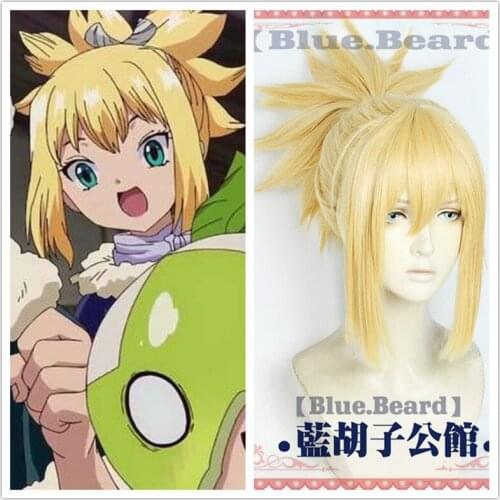 New Arrival Anime Dr.Stone Cosplay Kohaku Golden Costume Wig Heat Resistance Fiber Womens Synthetic Hair with Wig Cap