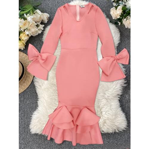 Orange Pink Long Flare Sleeve with Bow Midi Bodycon Dresses for Women Sheath Cut Out Pleat Hem Ladies Elegant Party Dress S XXL