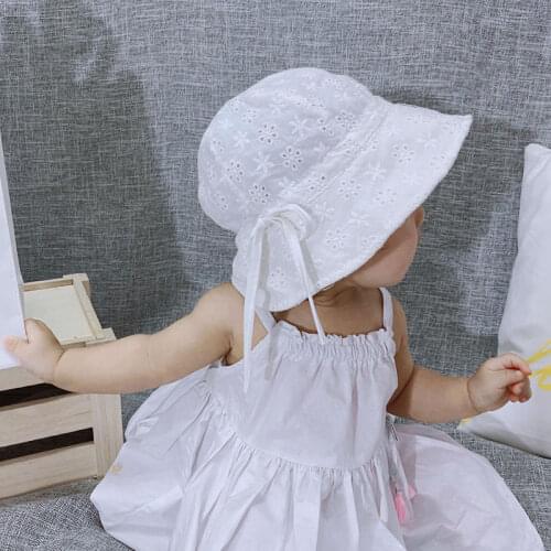 Flower Baby Girl Hat With Bow Summer Mesh Cotton Princess Baby Bucket Hat Solid Color Toddler Kids Sun Beach Cap