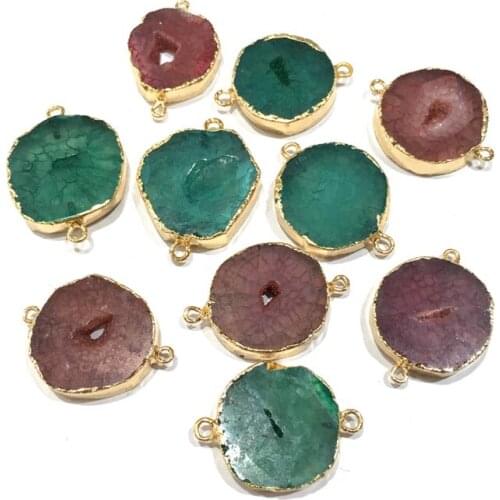Natural Stone agates Pendant Round shape Double Hole Connector for Jewelry Making DIY Charms Necklace Bracelet Accessories