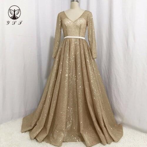 Simple but Elegant Golden Plunging V Neck Long Sleeve Pleated Bling Bling A Line Prom Dresses