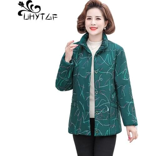 UHYTGF Elegant Mother Winter Jacket Plus Velvet Thicken Warm Women Cotton Coat Fashion Printing Loose Large Size Parkas Top 1217