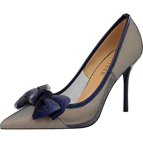 UMMEWALO High Heels Shoes Women Pointed Toe Pumps Women Super High Mesh Shoes Ladies Bow Design Shoes New 1853-3