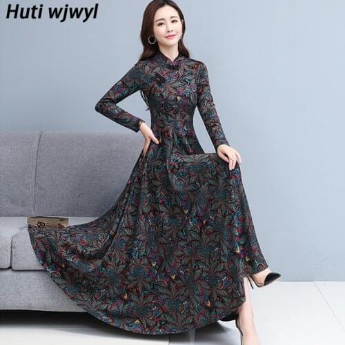 Chinese Style Print Floral Vintage Dress Plus Size Women Casual Maxi Vestido 2021 Autumn Winter Elegant Bodycon Party Long Dress