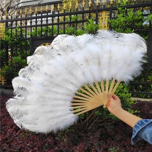 High Quality 15 Bone White Ostrich Feathers Fan Halloween Party Wedding Celebration Belly Dance Show DIY Decorative Feathers Fan