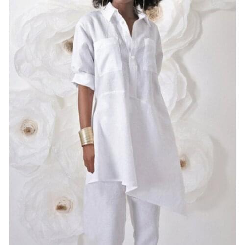 Women Shirt Casual Solid O-Neck Short Sleeve Turn-down Collar Pockets Irregular Blouse Plus Size Elegant Office Lady Top