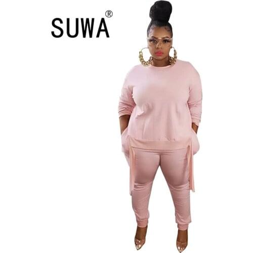 Wholesale Women Pink Clothing Autumn Long Sleeve Pullover Retro Top + High Waist Joggers Pants Trousers Plus Size Lounge Wear