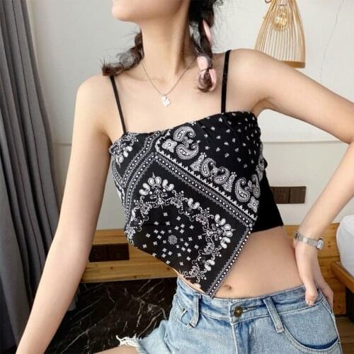 Women Summer Sexy Spaghetti Strap Bandeau Tube Top Vintage Paisley Floral Print Slim Camisole Asymmetrical Hem Backless Vest