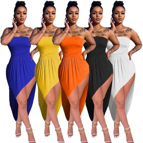 2021 Summer New Style Womens Fashion Sexy Tube Top Loose Solid Color Asymmetric Pleated Multicolor Dress