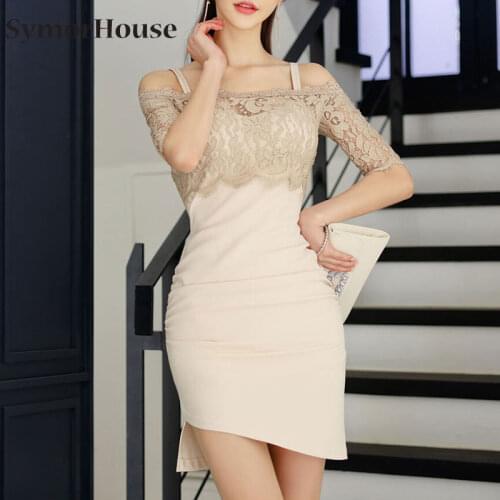 Elegant Hollow Out Solid Party Dresses Women Sexy Lace Patchwork Pencil Dress Summer Slash neck Sexy camisole Dress Vestidos