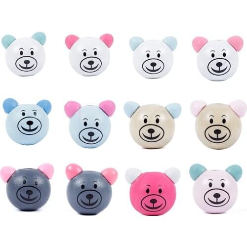 10pcs/Lot Mixed Color Wooden Animal Cartoon Bear Head Beads For Baby DIY Pacifier Holder Clip Necklace Spacer Beads 29*25mm