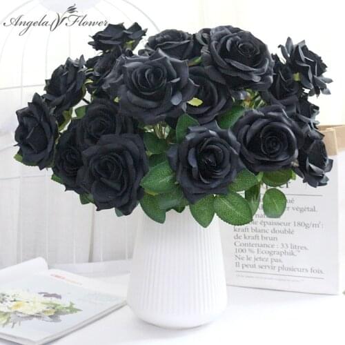 46 CM 7 Heads Black Rose Bouquet Artificial Flowers Bride Hand Hold Flower Silk Home Decoration Table Wedding Party Supplies DIY