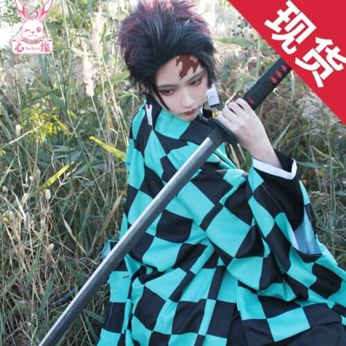 Anime Demon Slayer Kimetsu no Yaiba Kamado Tanjirou Kimono Cosplay Costume Kimono+shoes+wig+earings H