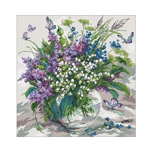 Flower-Lily of the Valley Lavender Vase Embroidery,DIY 14CT Unprinted Arts Cross stitch kits Set Cross-Stitching Home Decor