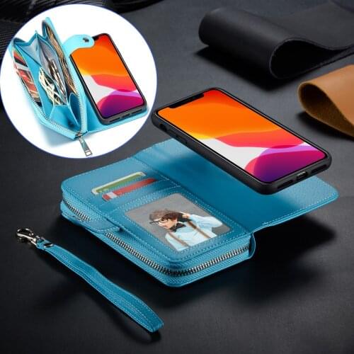 For Apple iPhone 11 Pro Max Zipper Litchi PU Leather Purse Wallet Card Removable Cover Magnetic Flip Case Coques Etuis Funda