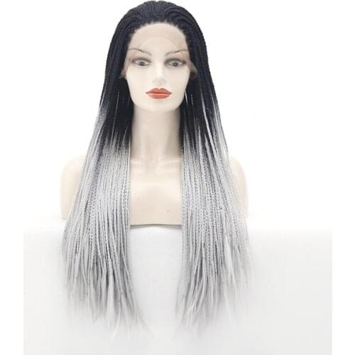 Two Tone Black to Silver Grey Braided Hair Glueless Synthetic Lace Front Wigs Heat Resistant Ombre Grey Braids Synthetic Wigs
