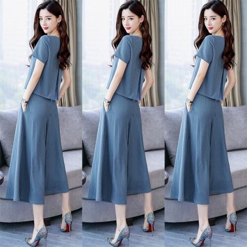 Elegant 2 Piece Sets Womens Outfits Summer Blouse Tops+ Wide Leg Pants Korean Chic Striped Clothes For Women 2020 AA5407