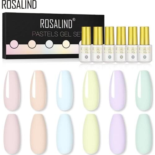 ROSALIND 6pcs/Lot Macaron Varnishes Gel Nail Polish Manicure Pure Color Semi Permanent Nail Art Need Top Base Coat UV Gel Set