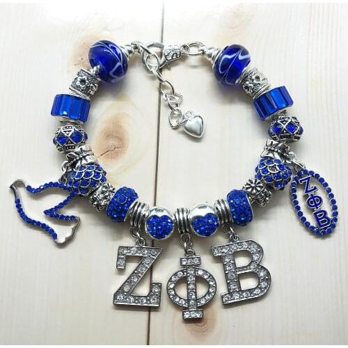 Hot Greek letter society ZETA PHI BETA sorority jewelry bracelet ZPB blue crystal big hole beads bangle