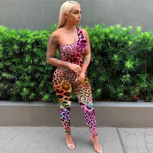 2021 New Arrival Fashion Design Jumpsuits Leopard One Shoulder Sleeveless Summer Sexy Bodycon Rompers