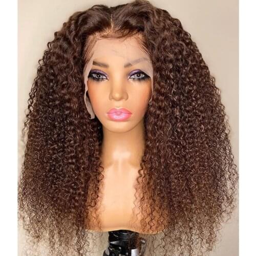 Brown Ombre Kinky Curly Human Hair Wigs With Baby Hair PrePlucked Lace Front Peruvian Remy Kinky Curly Wigs 180% Bleached Knots