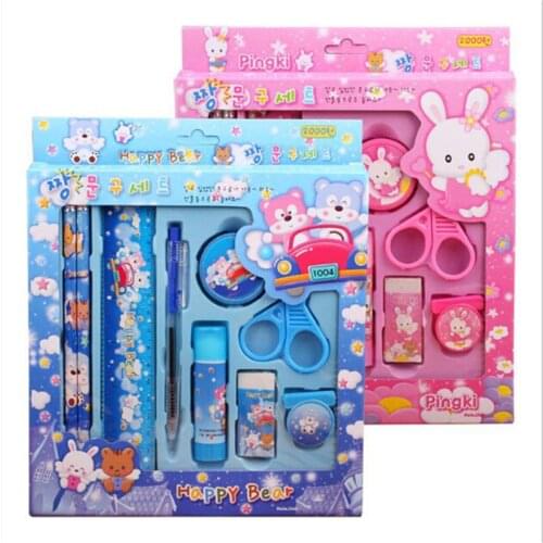 1set Cartoon Kawaii Pencil Ruler Eraser Sharpener 9 In 1 Stationery Set for Boy Girls Kids Gift School Office Supplies Gift Set