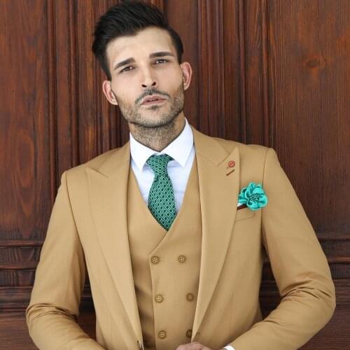 New Camel Mens Suits Quality Fabric 3 Piece Plain Suit Notch Lapel Solid Tuxedos Groomsmen For Wedding (Blazer+vest+Pants)