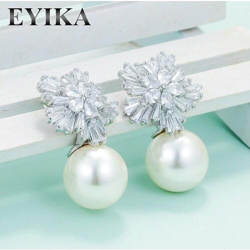 EYIKA New Elegant Snowflake Flower Zircon Big White Black Pearl Drop Earrings for Women Christmas Valentines Day Gift Jewelry