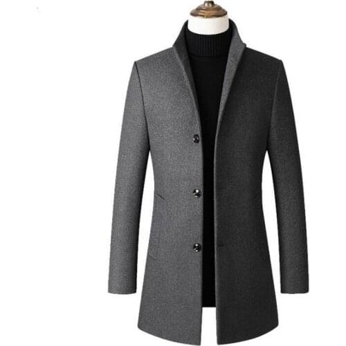 Mens Solid Color Wool Coats Mens Windproof Thick Warm Long Coats Windbreaker Male Woolen Coat Mid-length Male Wool Coat